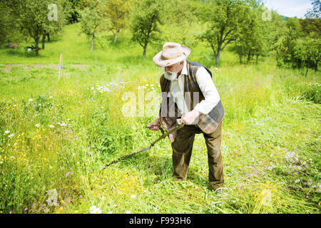 Alter Bauer mit Sense um zu mähen den Rasen traditionell mit Bart Stockfoto