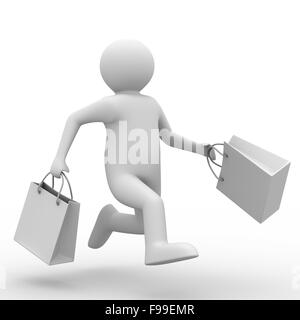 Mann mit Shoping Bag auf weiß. Isolierte 3D-Bild Stockfoto
