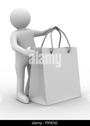 Mann mit Shoping Bag auf weiß. Isolierte 3D-Bild Stockfoto