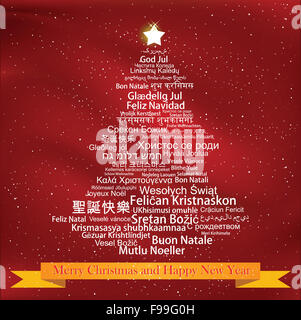 Frohe Weihnachten-Tag-Cloud geformt wie ein Weihnachtsbaum Stockfoto