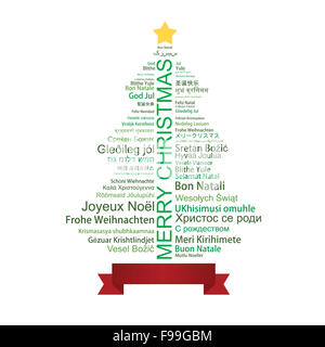 Frohe Weihnachten-Tag-Cloud geformt wie ein Weihnachtsbaum Stockfoto