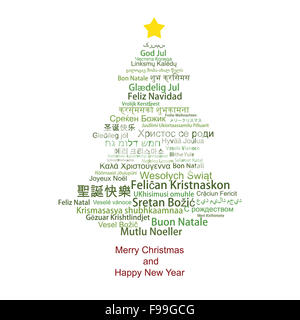 Frohe Weihnachten-Tag-Cloud geformt wie ein Weihnachtsbaum Stockfoto