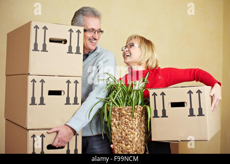 Zwei glückliche ältere Leute mit vielen Umzugskartons Stockfoto