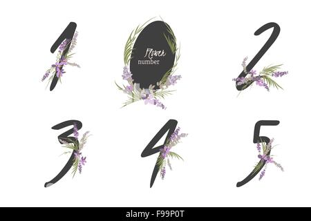Blumige Lavendel Kollektion Vintage Farbe zahlen. Vektor-eins, zwei, drei, vier, fünf - Zeichen Stock Vektor