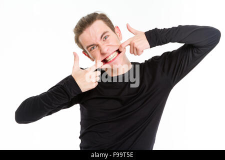 Lustiger Mann dehnen den Mund isoliert auf weißem Hintergrund Stockfoto