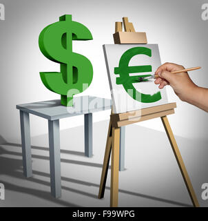 Währungsumrechnung und Geld tauschen finanzielle Geschäftskonzept als drei dimensionale Dollarzeichen als ein Euro Wert Rating-Symbol und Finanzen Symbol für den monetären Handel auf einer Leinwand gemalt. Stockfoto