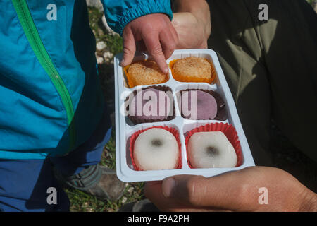 Kleinkind Jungen unter Mochi Daifuku Chinesisch-japanische Kuchen Stockfoto