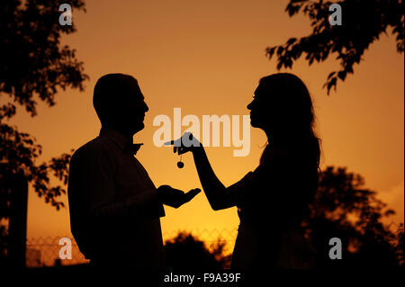 Silhouette der Braut und Bräutigam ihre Hochzeit in der Natur während des Sonnenuntergangs zu genießen Stockfoto