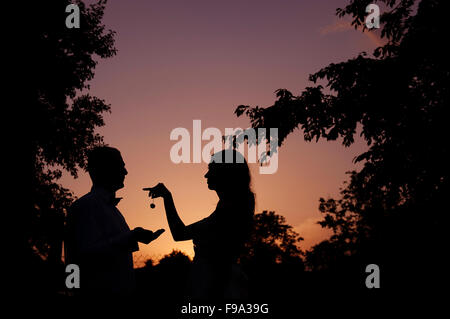 Silhouette der Braut und Bräutigam ihre Hochzeit in der Natur während des Sonnenuntergangs zu genießen Stockfoto