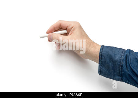 männliche Hand mit weißer Kreide in weißem Rücken Stockfoto