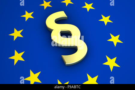 Europäischen Gemeinschaftsgesetze und Rechtssystem Konzept EU-Flagge mit goldenen Absatzsymbol. Stockfoto
