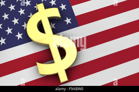 Vereinigte Staaten von Amerika Wirtschaft Konzept mit US-Flagge und goldenen Geld USA Dollar Währungssymbol. Stockfoto