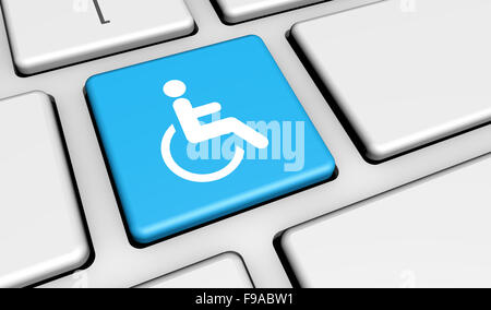 Konzept des Web Barrierefreiheit von Webinhalten mit Rollstuhl-Symbol und Symbol auf eine Cyan Computertaste für Blog und Online-Geschäft. Stockfoto