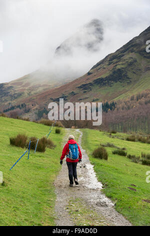 Eine Frau an der Seite von Buttermere in den Lake District Cumbria UK. Stockfoto