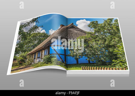 Blaue Fachwerkhaus mit Reetdach in Warthe, Insel Usedom, Mecklenburg-Western Pomerania, Deutschland, Europa Stockfoto