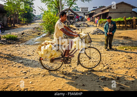 Nepalesische Mann auf einem Fahrrad mit einem Bündel von lebenden Hühnern Reisen Stockfoto