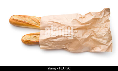 französische Baguettes in Papiertüte auf weißem Hintergrund Stockfoto