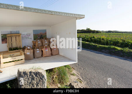 Hand gegraben Jersey Royal Kartoffeln zum Verkauf am Straßenrand Stockfoto