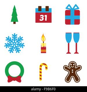 Stellen Sie flach Icons mit langen Schatten Weihnachten und Neujahr Stock Vektor