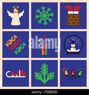 Reihe von flachen Icons auf blauem Hintergrund Weihnachten Stock Vektor