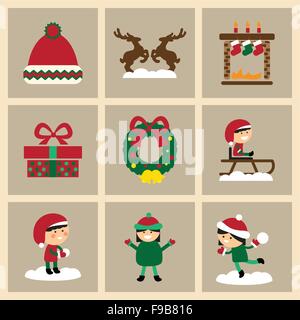 Reihe von flachen Icons auf stilvollen Hintergrund Weihnachten Stock Vektor