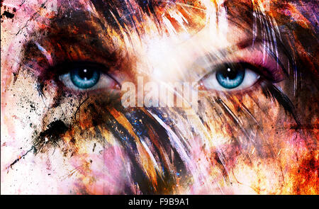 schöne blaue Frauen Augen strahlend, Farbe Federn-Effekt, Malerei, Collage, Phoenix Make-up Stockfoto