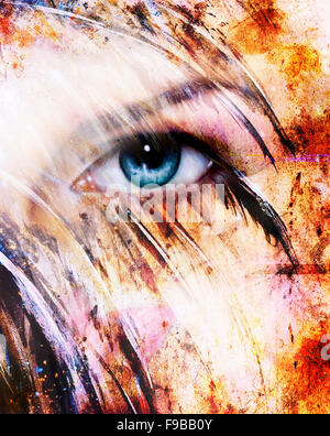 schöne blaue Frauen Augen strahlend, Federn Farbeffekt, Malerei, Collage, Phoenix Make-up Stockfoto