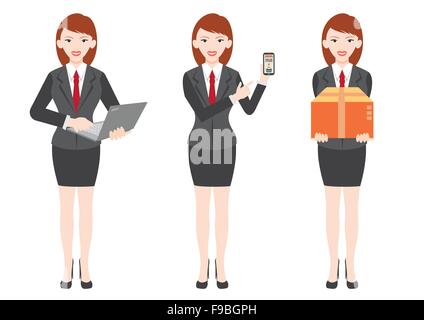 Business Frau vorliegende Arbeit und Lieferung Charectors design set Stock Vektor