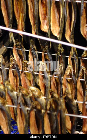 Geräucherte Heringe oder Bückling, hängen in einem Raucher-Schrank in England UK Stockfoto