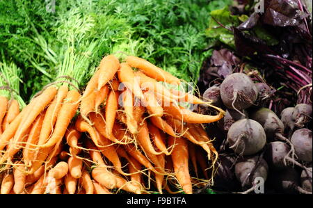 Trauben von frischen Karotten und rote Beete zum Verkauf an einen Bauernmarkt in Derbyshire Stockfoto