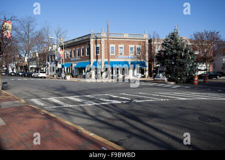 Bordentown Straßenszene auf Weihnachten 2015, zeigt die Stadt Weihnachtsbaum vor Narren Cafe an der Kreuzung der Fa Stockfoto