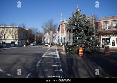 Bordentown Straßenszene auf Weihnachten 2015, zeigt die Stadt Weihnachtsbaum vor Narren Cafe an der Kreuzung der Fa Stockfoto