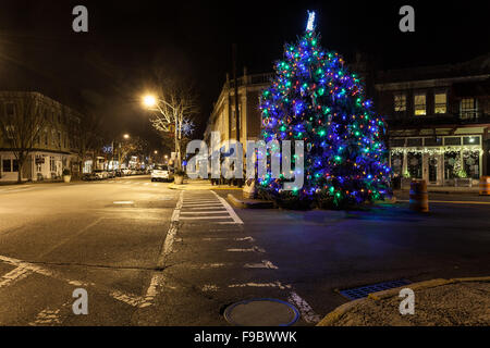 Bordentown Straßenszene auf Weihnachten 2015, zeigt die Stadt Weihnachtsbaum vor Narren Cafe an der Kreuzung der Fa Stockfoto