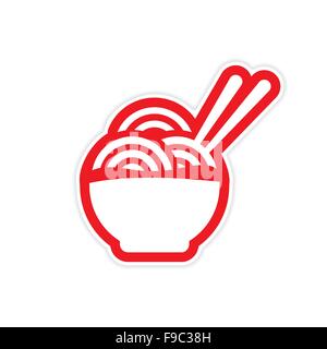 Aufkleber asiatischen Schüssel mit Nudeln und Stäbchen Stock Vektor