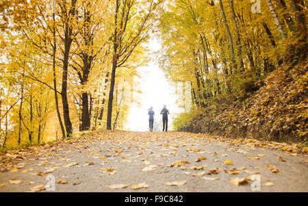 Junge Paar im Herbst Natur joggen laufen Stockfoto