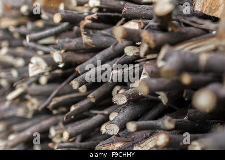 Stapel Brennholz bestehend aus Stücken von kleinen Abmessungen. Stockfoto