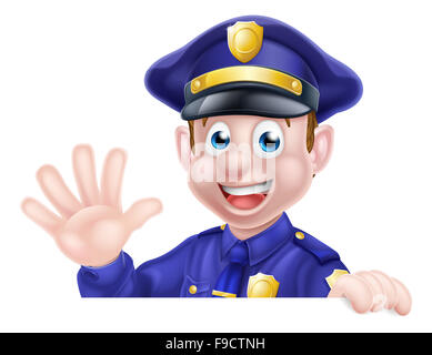 Ein Cartoon freundliche Polizist beugte sich über ein Schild winken Stockfoto