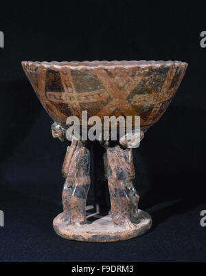Präkolumbische Kunst. Pre-Inka. Negativen Carchi Kultur. 850-1500 N. CHR.. "Compotera". Negativ mit schwarz auf rotem Grund verziert. Sockel mit anthropomorphen Figuren geschmückt. 20 x 20 cm (Durchmesser). Aus Ecuador. Privatsammlung. Stockfoto