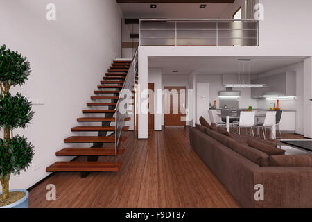 Interior 3D-Rendering eines modernen kleinen Lofts Stockfoto