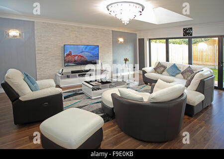 Das Wohnzimmer eines neu renovierten Hauses mit zweifarbigen Leder-Sofas und große, wandmontierten Flachbild-TV Stockfoto