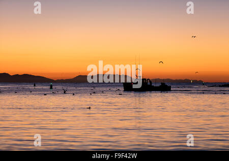 Angelboot/Fischerboot Santa Barbara Hafen verlassen, im Morgengrauen, Kalifornien, USA. Stockfoto