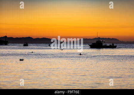 Angelboot/Fischerboot Santa Barbara Hafen verlassen, im Morgengrauen, Kalifornien, USA. Stockfoto