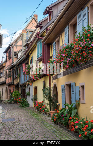 Gepflasterte Straße in Eguisheim in Haut-Rhin-Elsass-Frankreich Stockfoto