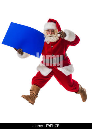 Santa Claus mit Exemplar leere Schild. Full Length Portrait Isolated on White Background Stockfoto