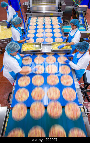 Mitarbeiter in der Produktion setzen Sie Ananas Topping auf gefrorenen Pizzen in der Pizza-Fabrik von Lebensmittelunternehmen Dr. Oetker in Wittenburg, Deutschland, 08 Decemeber 2015. Das Entwicklungszentrum, die laut Wirtschaftsministerium Schwerin rund 17 Millionen Euro investiert werden, die 2016 eröffnet werden. Das Unternehmen wird berichtet, 900 Mitarbeitern zu den größten Arbeitgebern in der Region Mecklenburg-Vorpommern haben. Foto: Jens Büttner/dpa Stockfoto