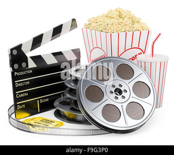 3d-weiße. Cinema 1880 Filmrolle trinken Popcorn und Tickets. isoliert weißer Hintergrund. Stockfoto