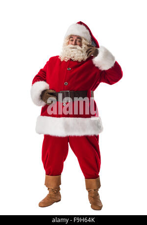 Santa Claus per Telefon Full Length Portrait sprechen. Isolated on White Background Stockfoto