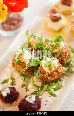 Koch Platte Vorspeise Sampler von Eggamuffin, Rüben Torten in Parmesan Gebäck Schale und Ranchero scotch Eiern, Barbareno Restaurant Stockfoto