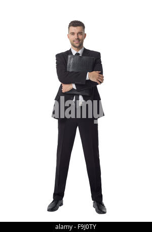 Geschäftsmann hält Ordner Full Length Portrait isoliert auf weißem Hintergrund Stockfoto