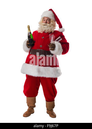Santa Claus Champagner trinken Full Length Portrait auf weißen Hintergrund isoliert Stockfoto
